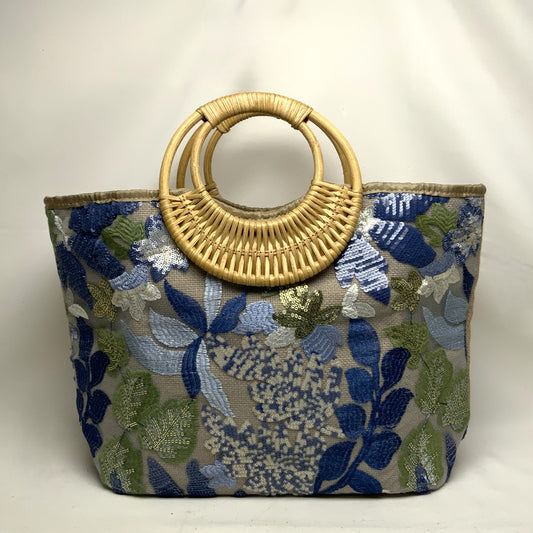 Botanical Embroidered Sequins Wide Canvas Bamboo Circle Handle Handbag