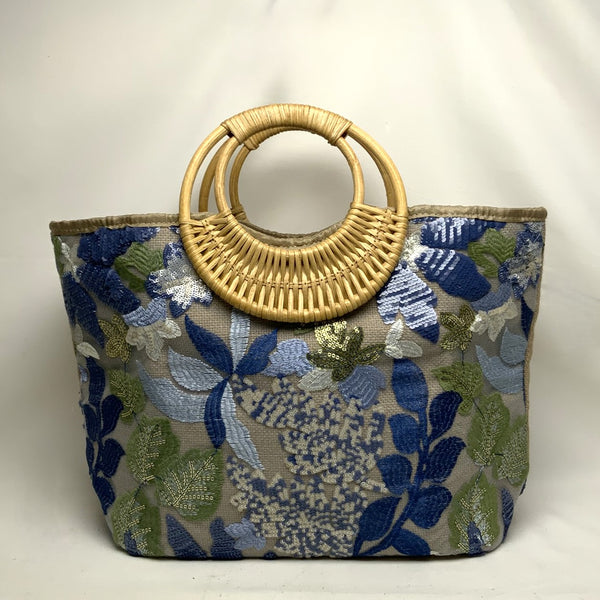 Botanical Embroidered Sequins Wide Canvas Bamboo Circle Handle Handbag