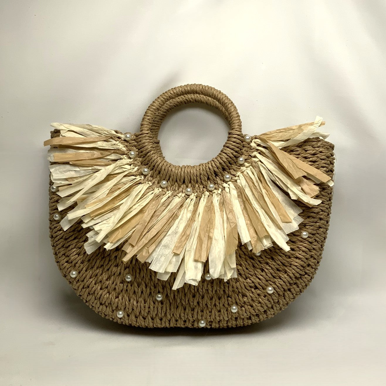 Twine Half Moon Pearl Paper Tassel Handbag