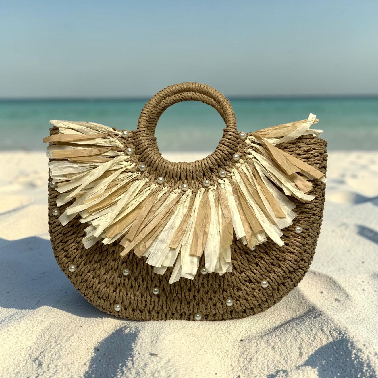 Twine Half Moon Pearl Paper Tassel Handbag