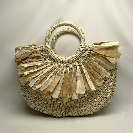 Twine Half Moon Pearl Paper Tassel Handbag