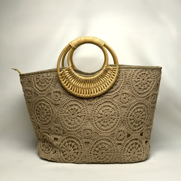 Delicate Knitted Pattern Wide Canvas Bamboo Circle Handle Handbag