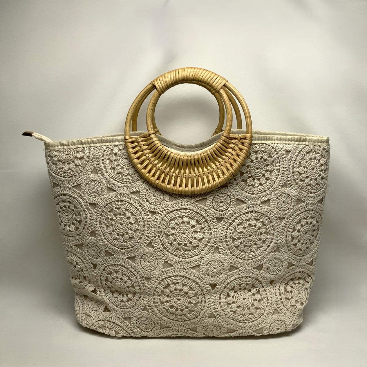 Delicate Knitted Pattern Wide Canvas Bamboo Circle Handle Handbag