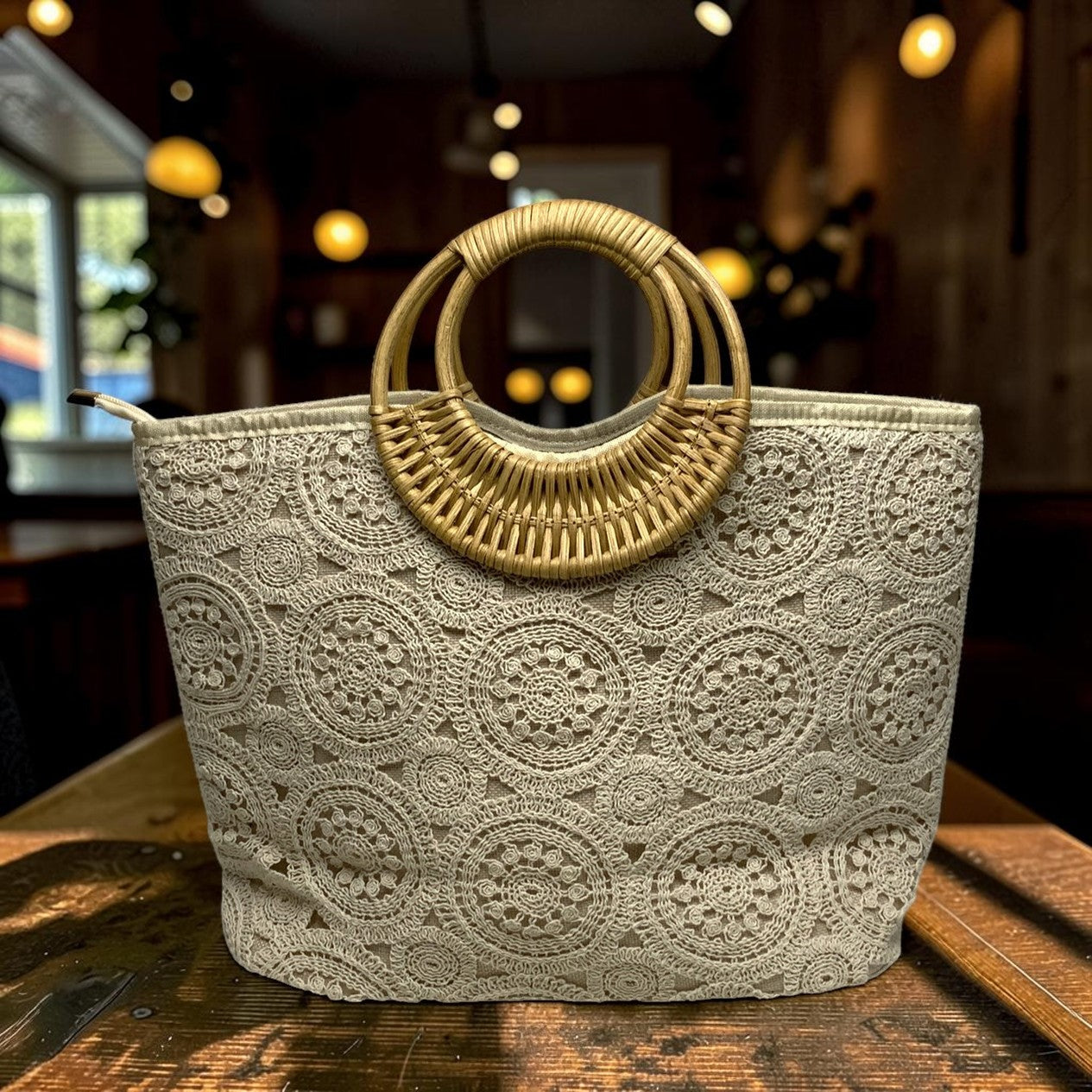Delicate Knitted Pattern Wide Canvas Bamboo Circle Handle Handbag