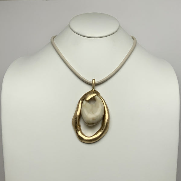 Abstract Metal Lucite Pendant Piece w/ Leather Cord Necklace