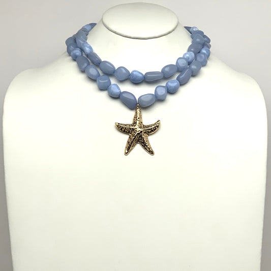 Double Layered Lucite Marble Design Stone Bead Textured Starfish Necklace