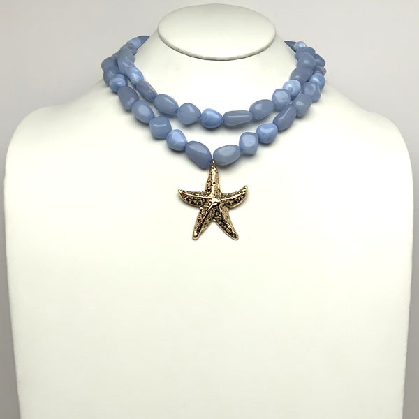 Double Layered Lucite Marble Design Stone Bead Textured Starfish Necklace