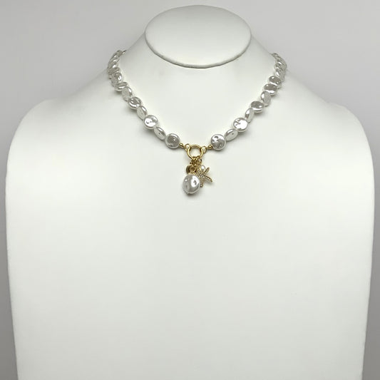 Textured Flat Circle Pearl Bead Starfish Charms Necklace