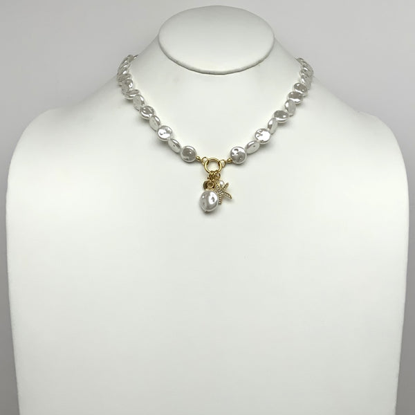 Textured Flat Circle Pearl Bead Starfish Charms Necklace