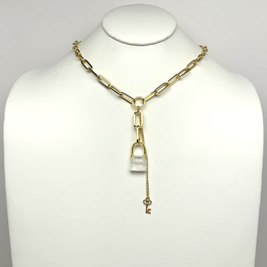 Long Chain Lucite Lock Drop Key Charm Necklace