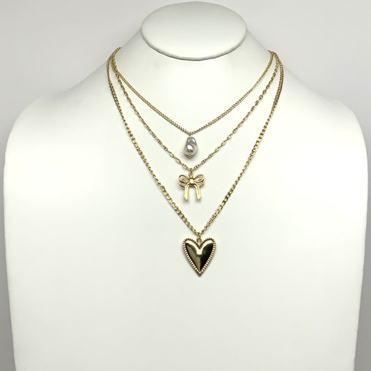 Three Layered Chain Heart, Bow, Pearl Pendant Necklace