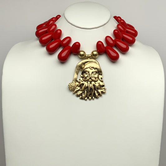 Lucite Teardrop Stone Santa Clause Pendant Necklace
