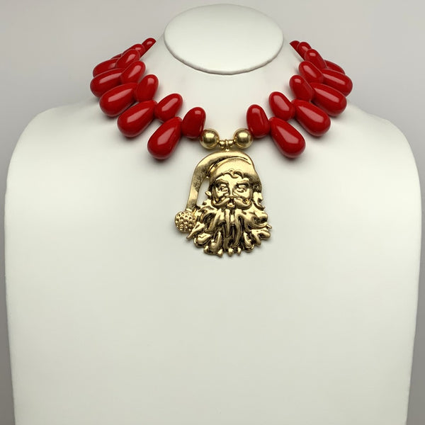 Lucite Teardrop Stone Santa Clause Pendant Necklace