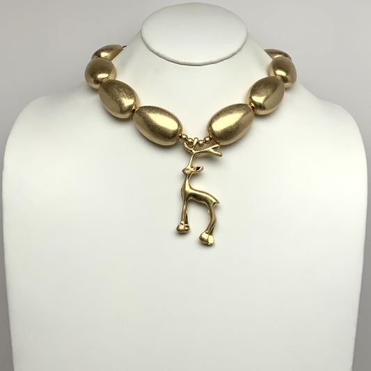 Metallic Pebble Stone Reindeer Pendant Necklace