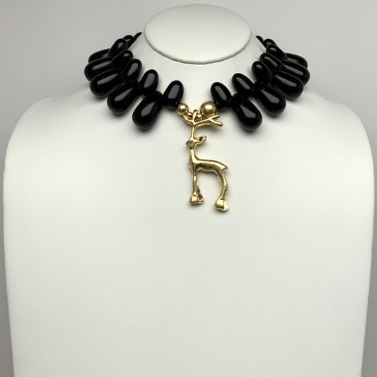 Lucite Teardrop Stone Reindeer Pendant Statement Necklace