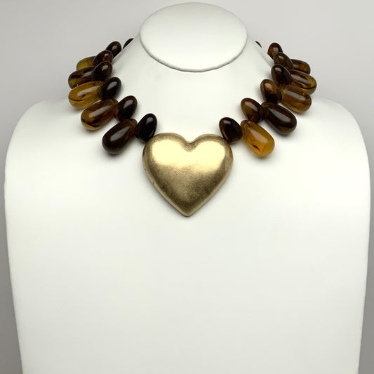 Lucite Teardrop Stone Metal Heart Pendant Statement Necklace