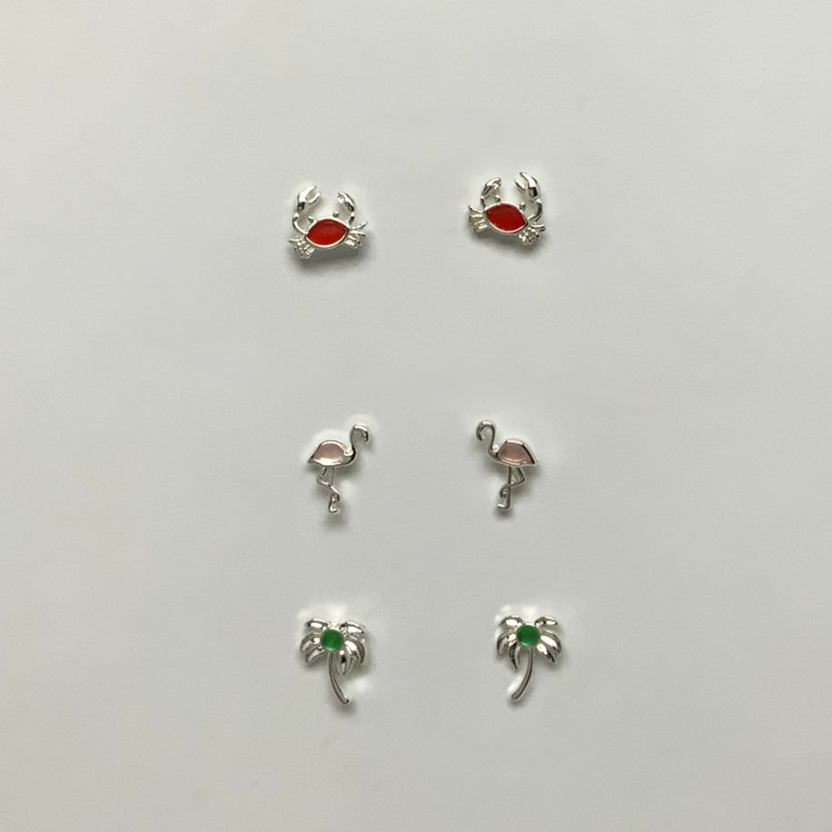 Crab/Flamingo/Palm Tree Set of 3 Stud Earrings