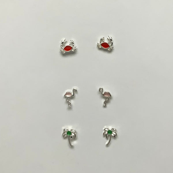 Crab/Flamingo/Palm Tree Set of 3 Stud Earrings