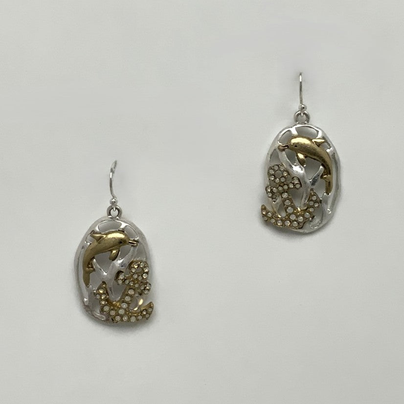 Metal Dolphin and Rhinestone Anchor Oval Drop Earring