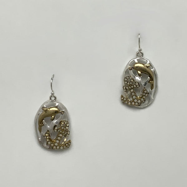 Metal Dolphin and Rhinestone Anchor Oval Drop Earring