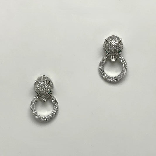 Cubic Zirconia Cheetah Head w/ Circle Bling Earrings