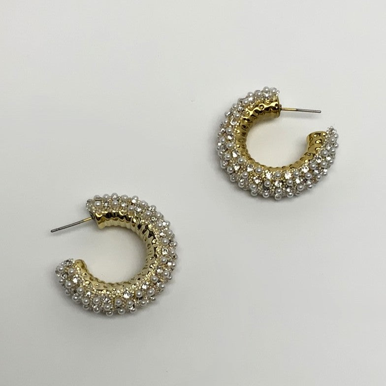 Crystal Pearl Friction Back Hoop Earrings