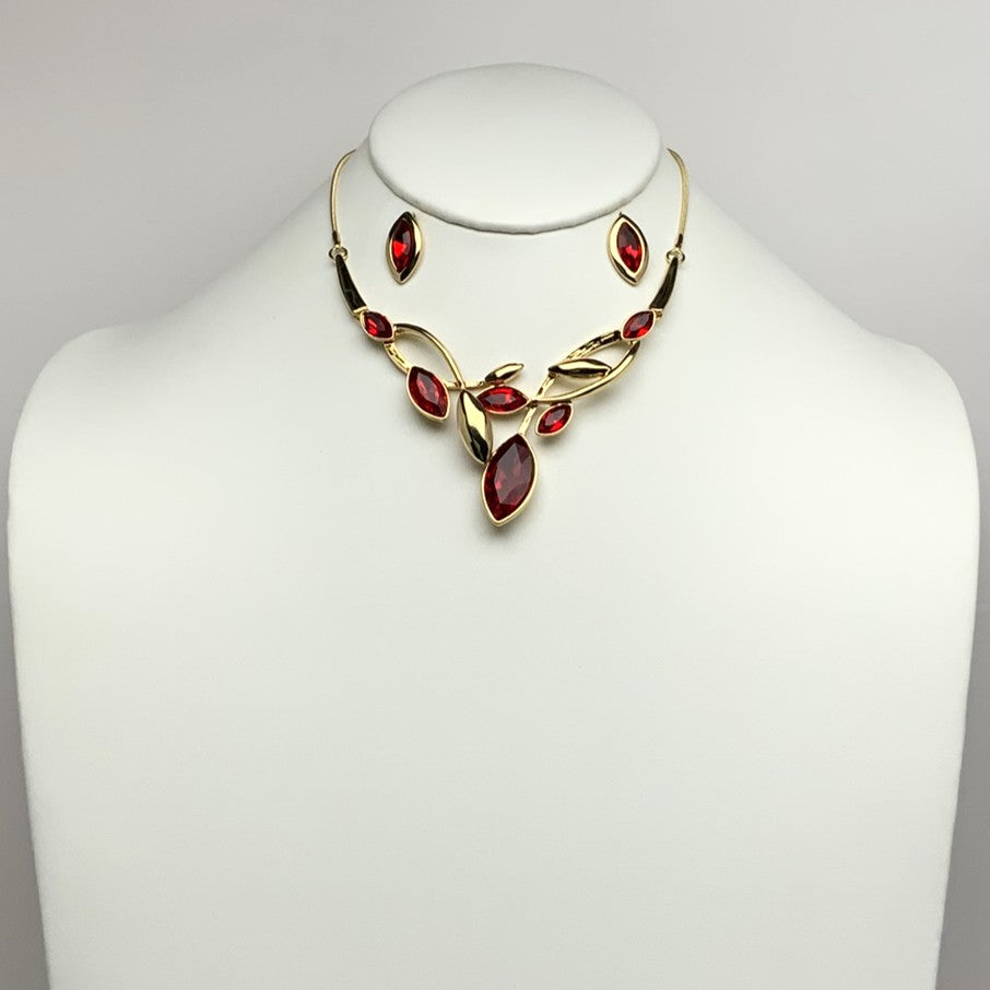 Crystal Metal Leaf Vine Drop Necklace Set