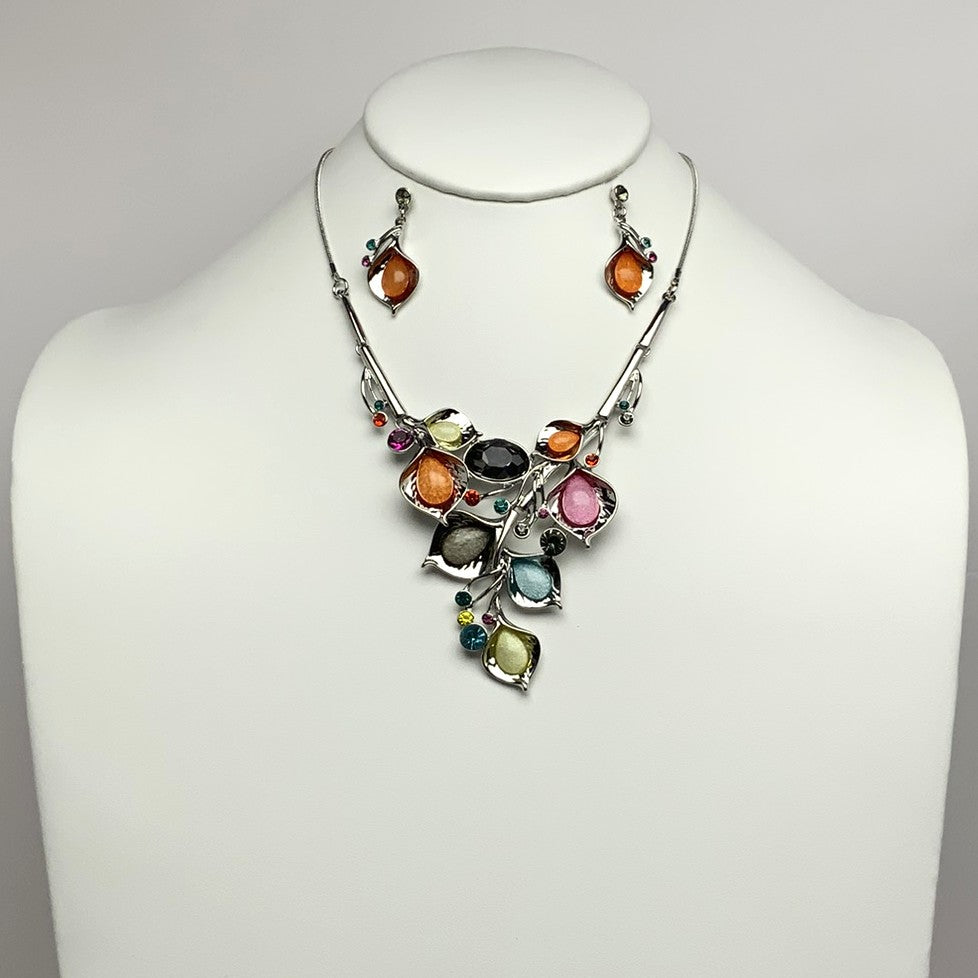 Crystal Leaf Bundle Bib Style Necklace Set