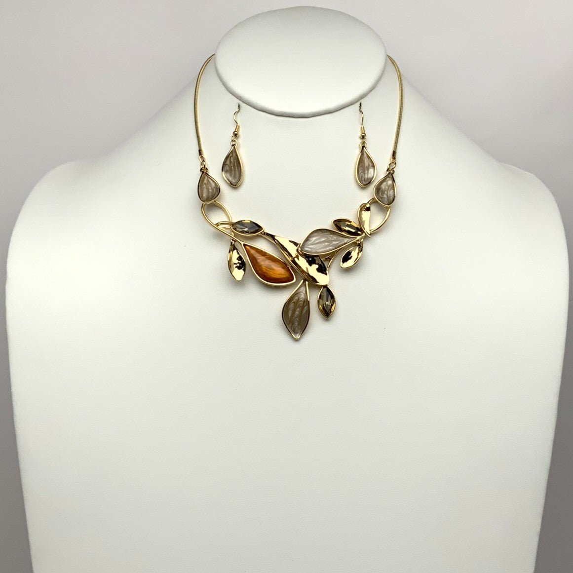 Enamel Crystal Leaf Vine Drop Necklace Set