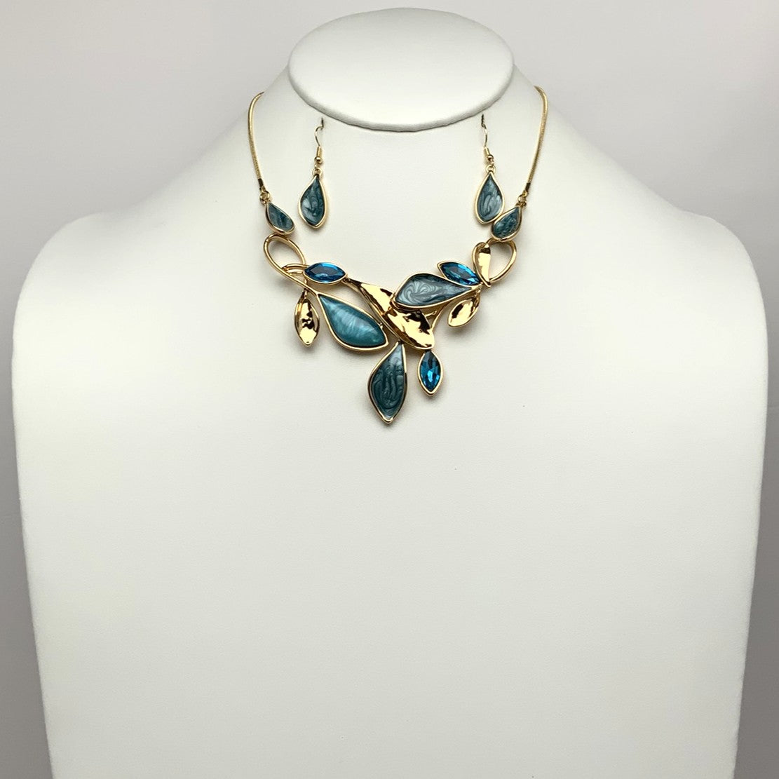 Enamel Crystal Leaf Vine Drop Necklace Set