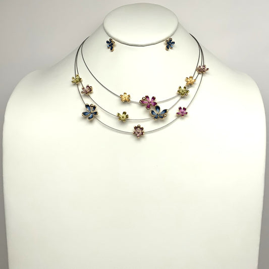 Layered Wire Flowers Necklace Set