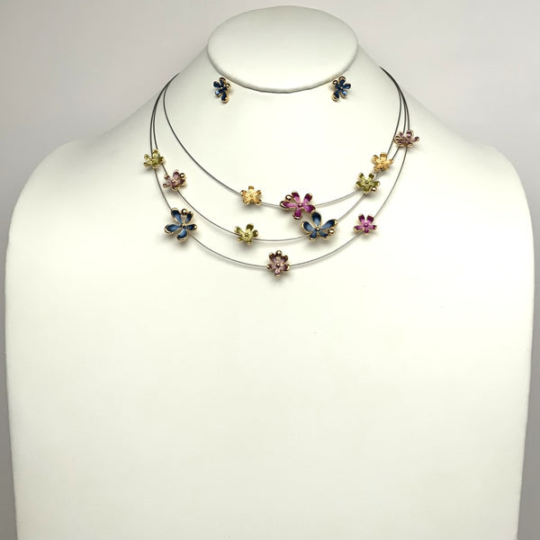 Layered Wire Flowers Necklace Set