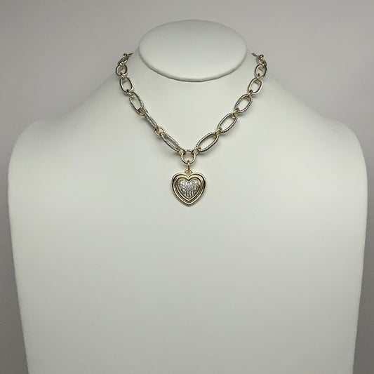 Two-toned Heart Bling Ribbed Chain Necklace