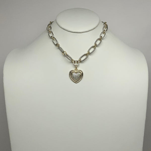 Two-toned Heart Bling Ribbed Chain Necklace
