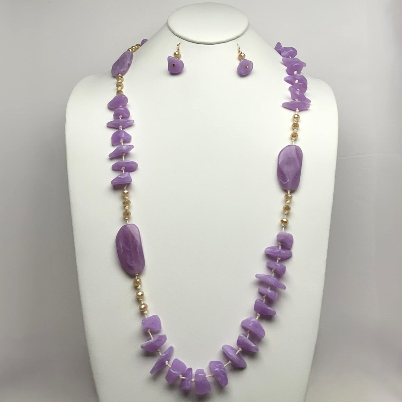 Long Cord Lucite Pebble Stone Shape Necklace Set