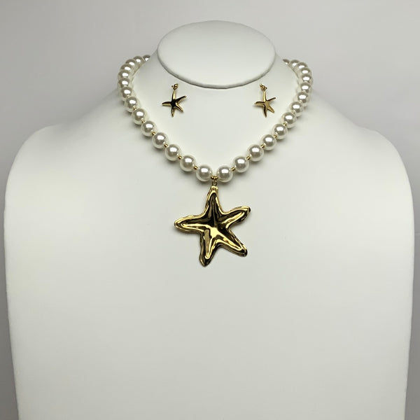 Pearl Necklace Textured Starfish Necklace Set