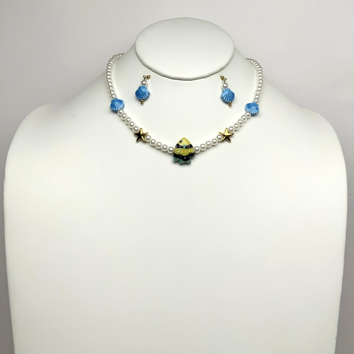 Pearl Beaded Fish Pendant Necklace Set