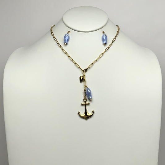 Link Chain Fish Anchor Pendant Necklace Set