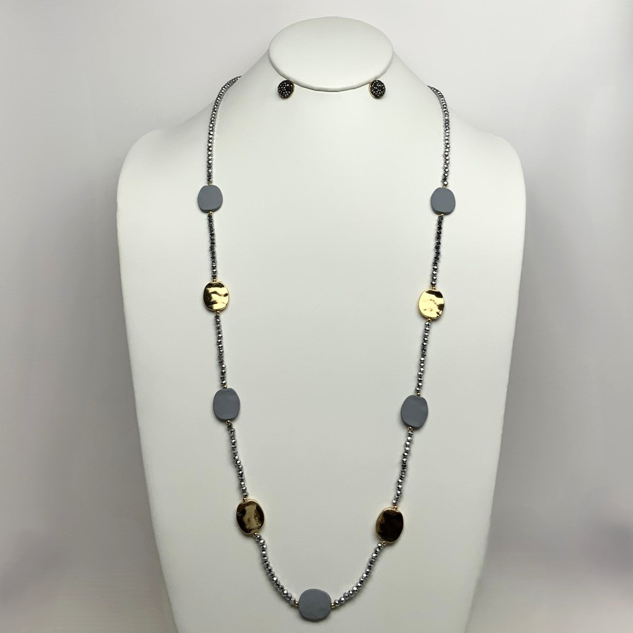 Crystal Beaded Long Flat Bead Necklace Set