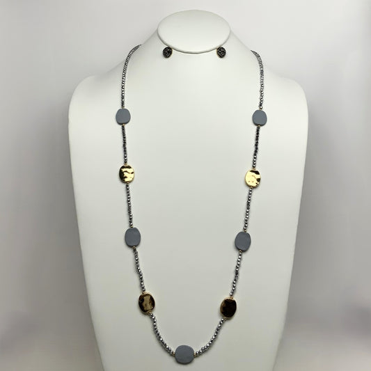 Crystal Beaded Long Flat Bead Necklace Set