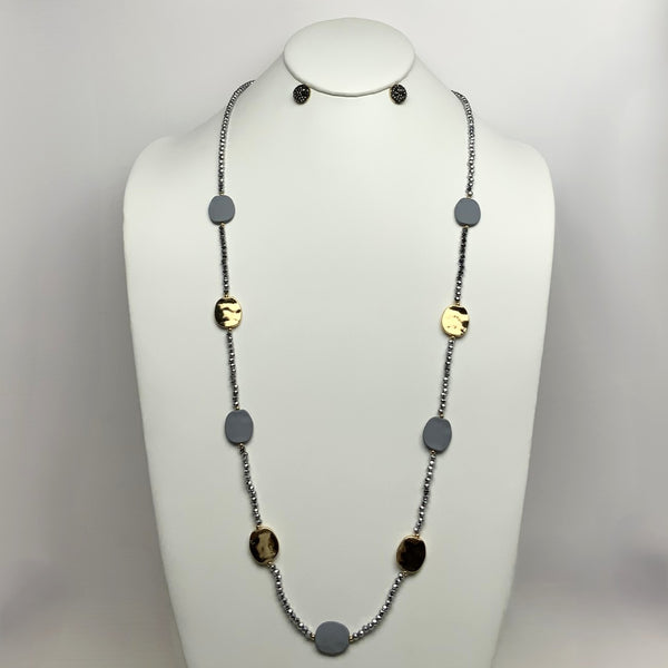 Crystal Beaded Long Flat Bead Necklace Set
