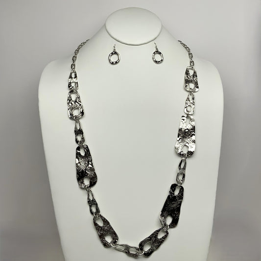 Long Textured Flat Abstract Metal Pieces Necklace Set