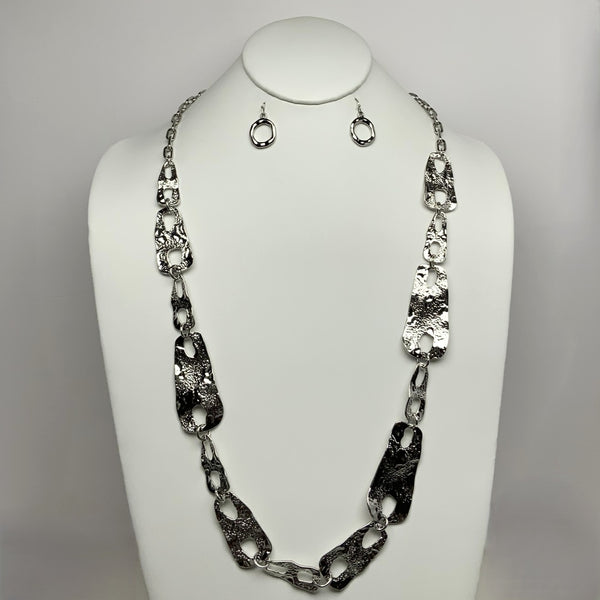 Long Textured Flat Abstract Metal Pieces Necklace Set