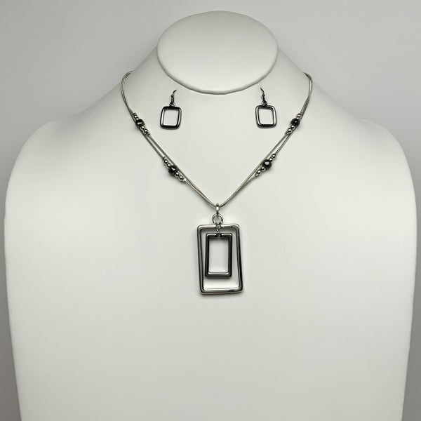 Rectangle Drop Piece Metallic Layered Necklace Set
