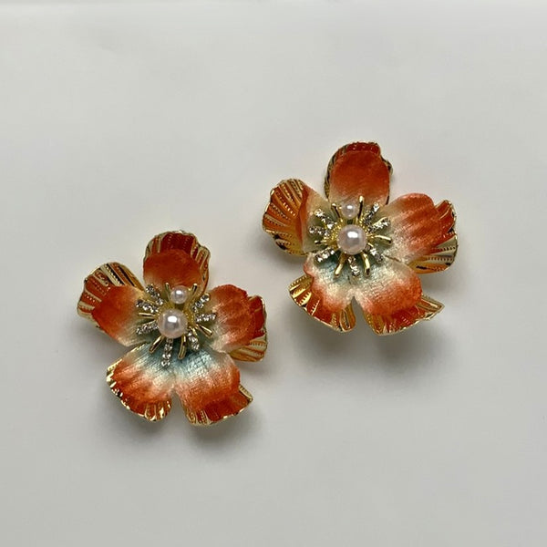 Metal w/ Fabric Flower Pearl Earrings