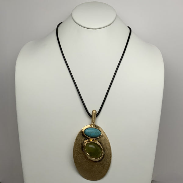Long Cord Flat Metal Two Stone Piece Necklace