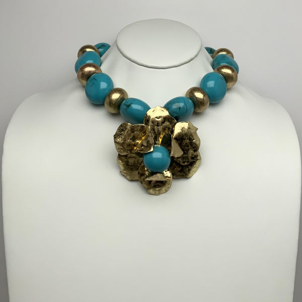 Chunky Lucite Metallic Beads w/ Metal Flower Pendant Necklace