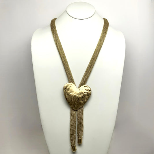Long Mesh Metal Hammered Heart Necklace