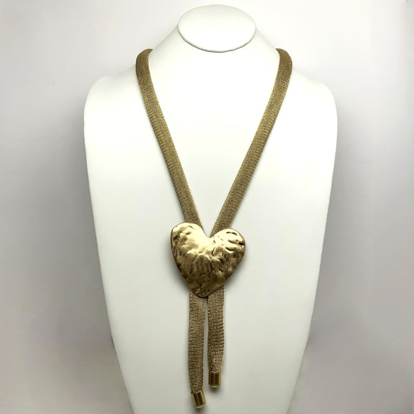 Long Mesh Metal Hammered Heart Necklace