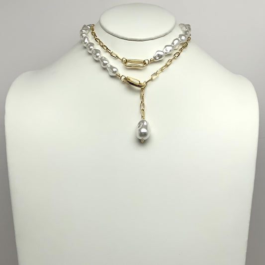 Layered Beaded Pearl Drop Necklace
